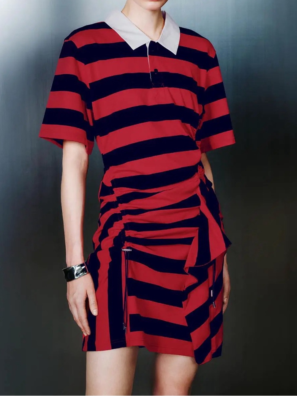 Polo Collar Striped Asymmetric Hem Cotton Midi Dress